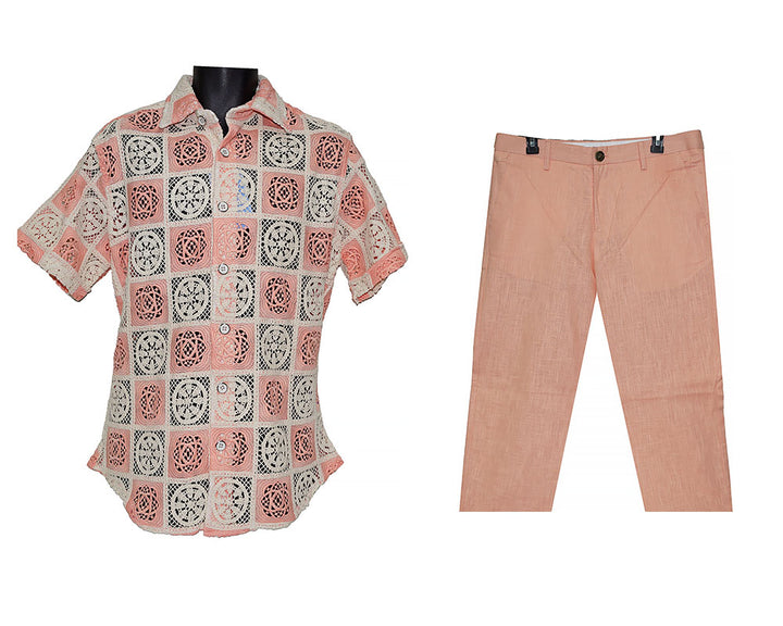 Lanzino Linen Shirt/Pants Set # SSL137 Salmon
